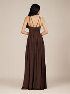 KissDress-Ursa Espresso A Line Chiffon Halter Neck Long Bridesmaid Dress with Pleats