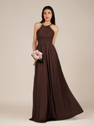 KissDress-Ursa Espresso A Line Chiffon Halter Neck Long Bridesmaid Dress with Pleats