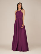 KissDress-Ursa Fig A Line Chiffon Halter Neck Long Bridesmaid Dress with Pleats