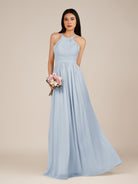 KissDress-Ursa Ice A Line Chiffon Halter Neck Long Bridesmaid Dress with Pleats