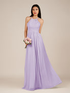 KissDress-Ursa Lavender A Line Chiffon Halter Neck Long Bridesmaid Dress with Pleats