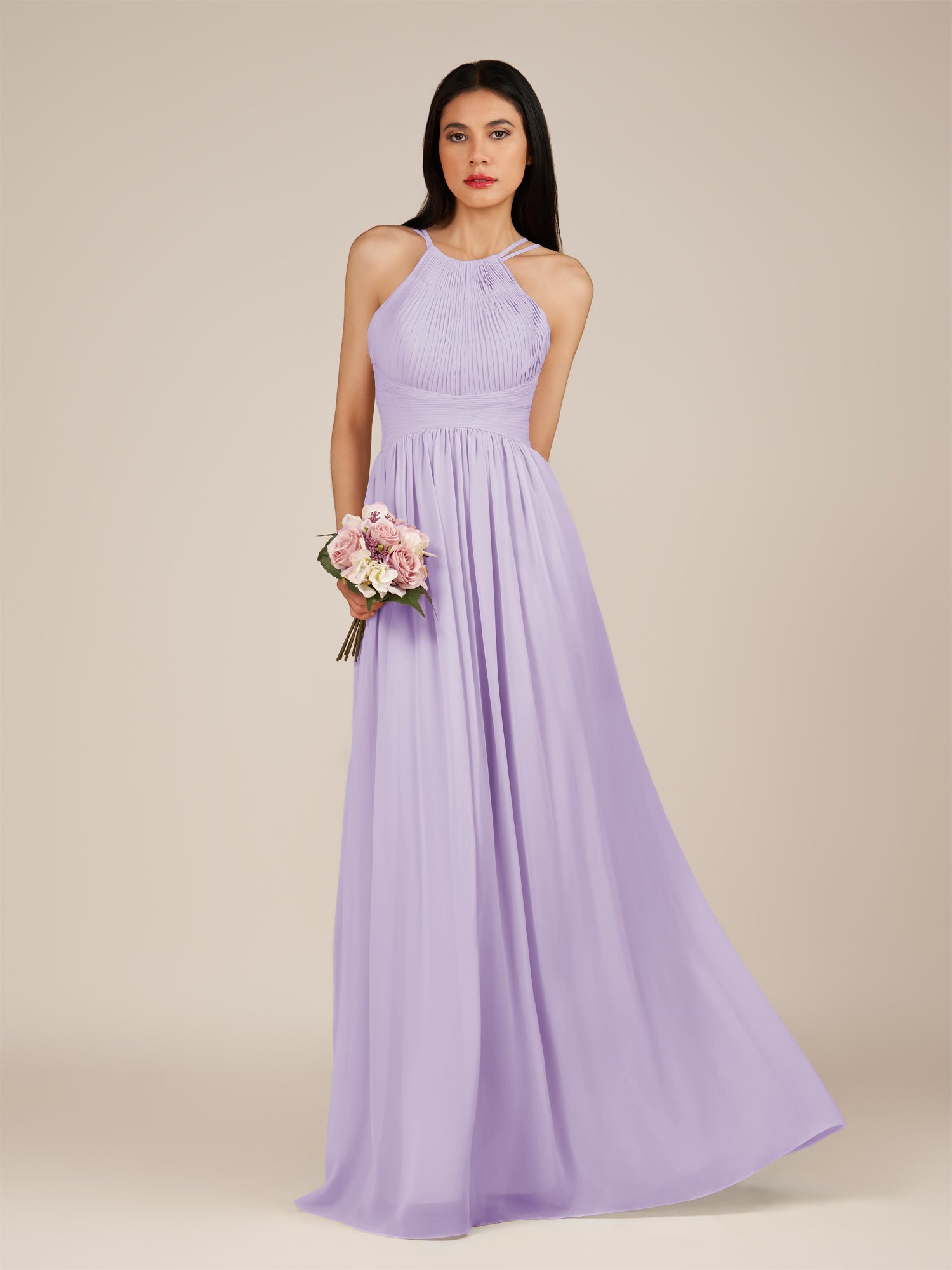 KissDress-Ursa Lavender A Line Chiffon Halter Neck Long Bridesmaid Dress with Pleats
