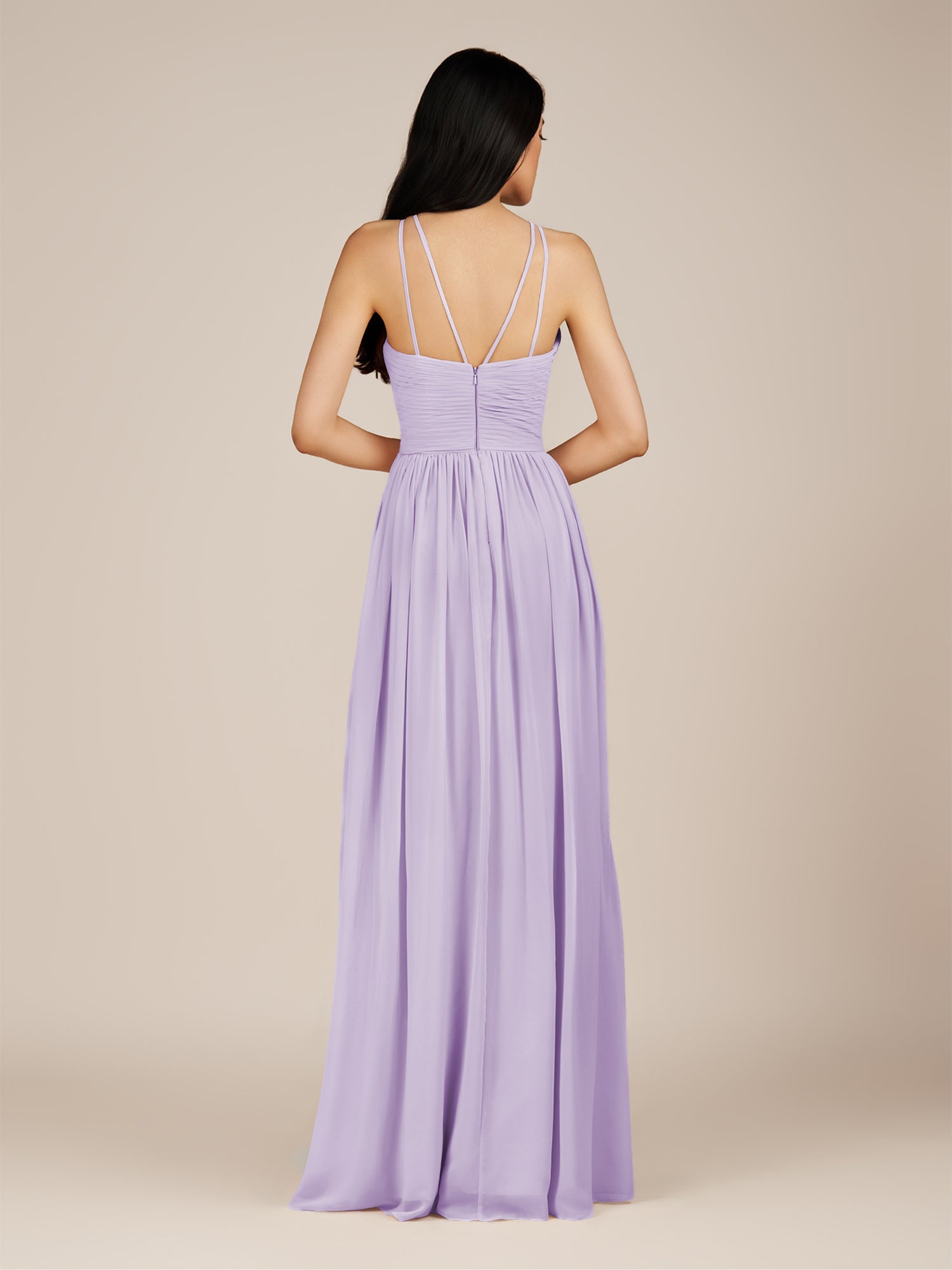 KissDress-Ursa Lavender A Line Chiffon Halter Neck Long Bridesmaid Dress with Pleats