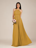 KissDress-Ursa Marigold A Line Chiffon Halter Neck Long Bridesmaid Dress with Pleats