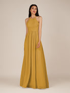 KissDress-Ursa Marigold A Line Chiffon Halter Neck Long Bridesmaid Dress with Pleats