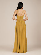 KissDress-Ursa Marigold A Line Chiffon Halter Neck Long Bridesmaid Dress with Pleats