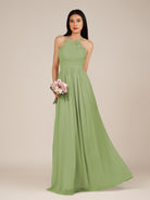 KissDress-Ursa Matcha A Line Chiffon Halter Neck Long Bridesmaid Dress with Pleats