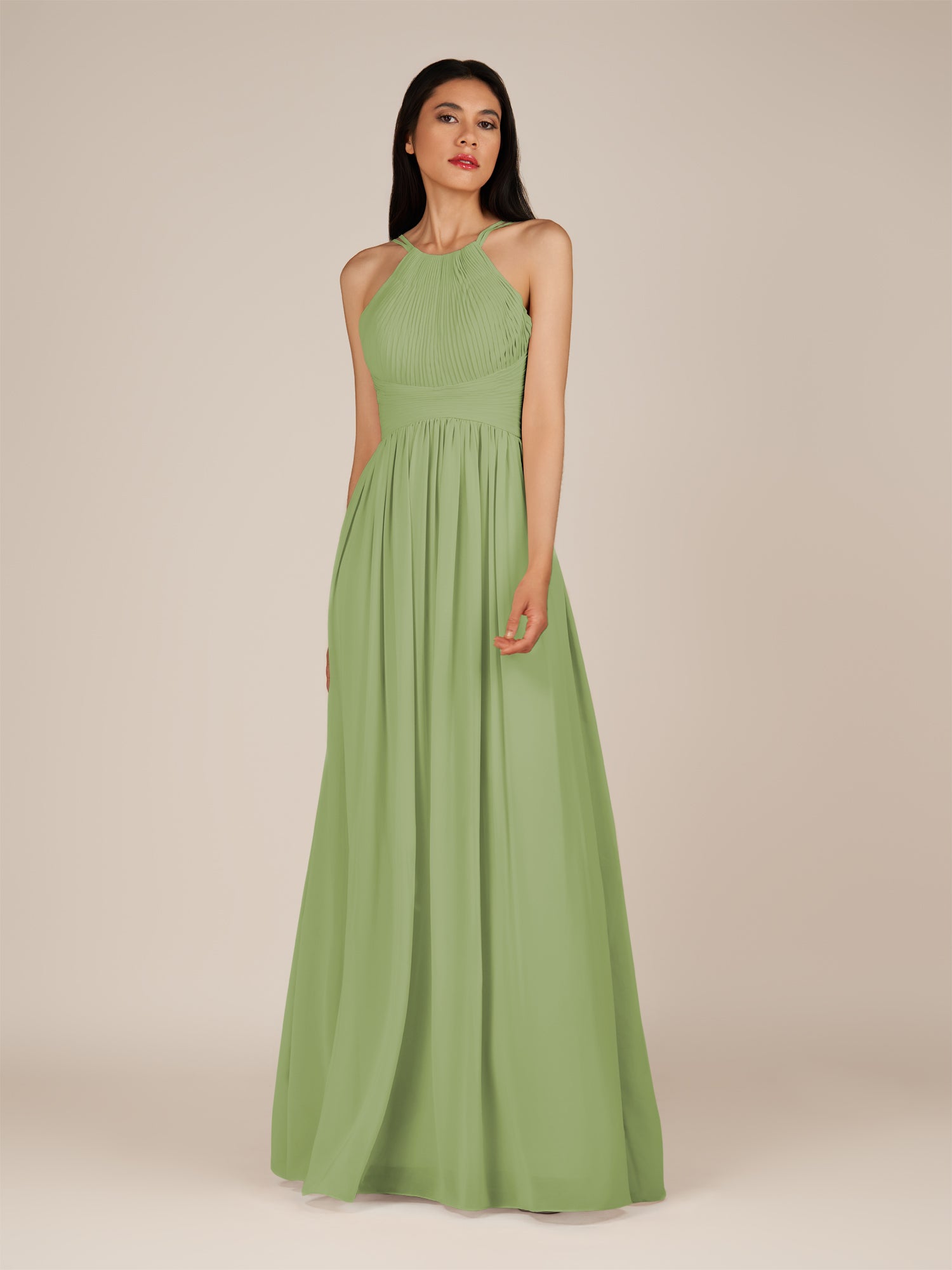 KissDress-Ursa Matcha A Line Chiffon Halter Neck Long Bridesmaid Dress with Pleats