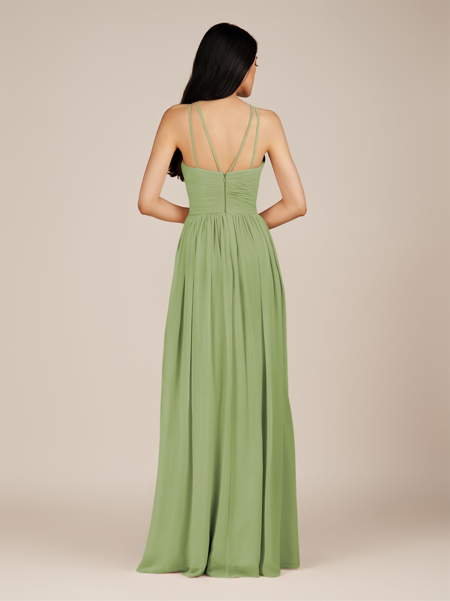 KissDress-Ursa Matcha A Line Chiffon Halter Neck Long Bridesmaid Dress with Pleats