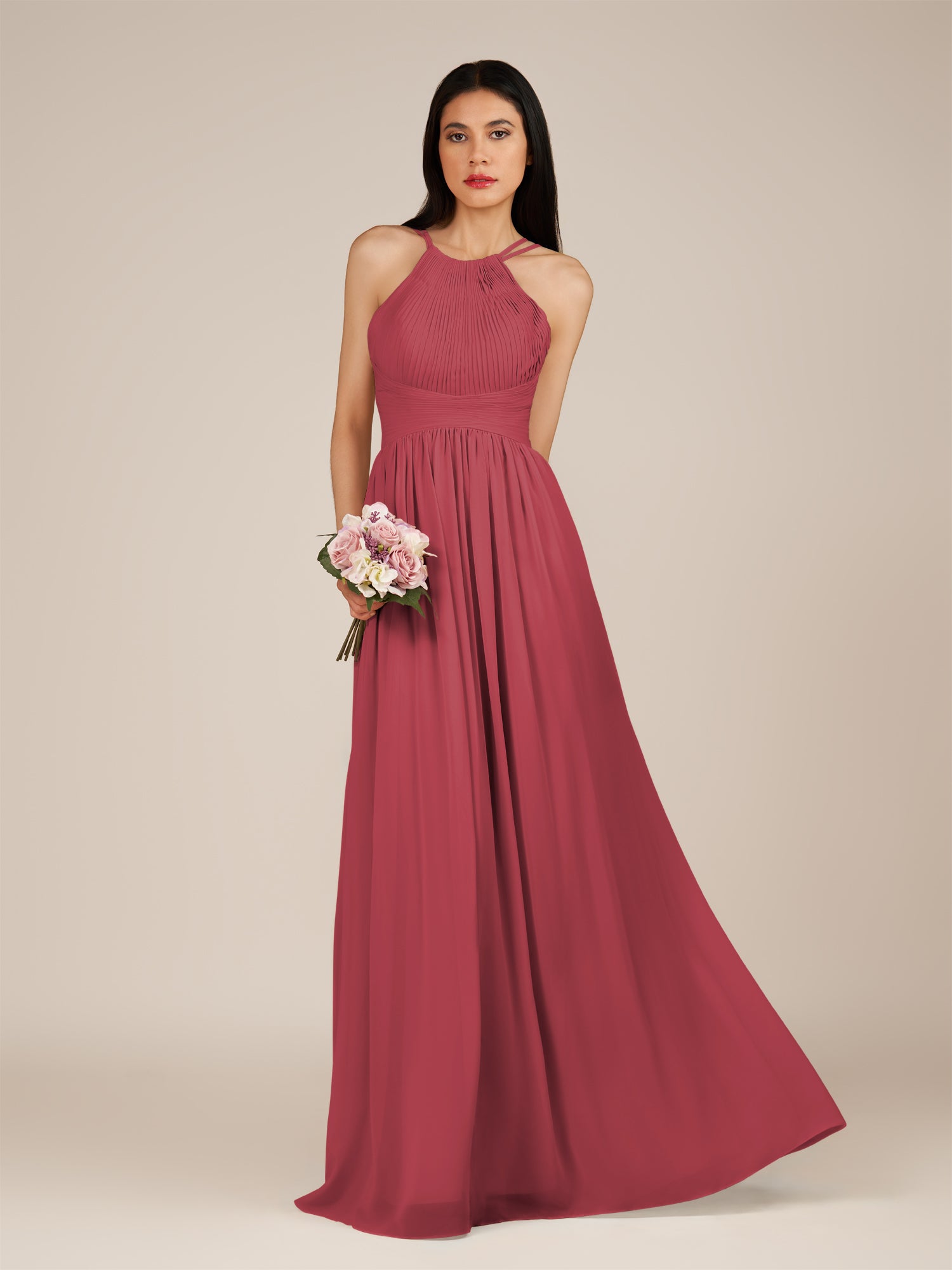 KissDress-Ursa Merlot A Line Chiffon Halter Neck Long Bridesmaid Dress with Pleats