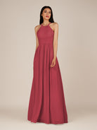 KissDress-Ursa Merlot A Line Chiffon Halter Neck Long Bridesmaid Dress with Pleats