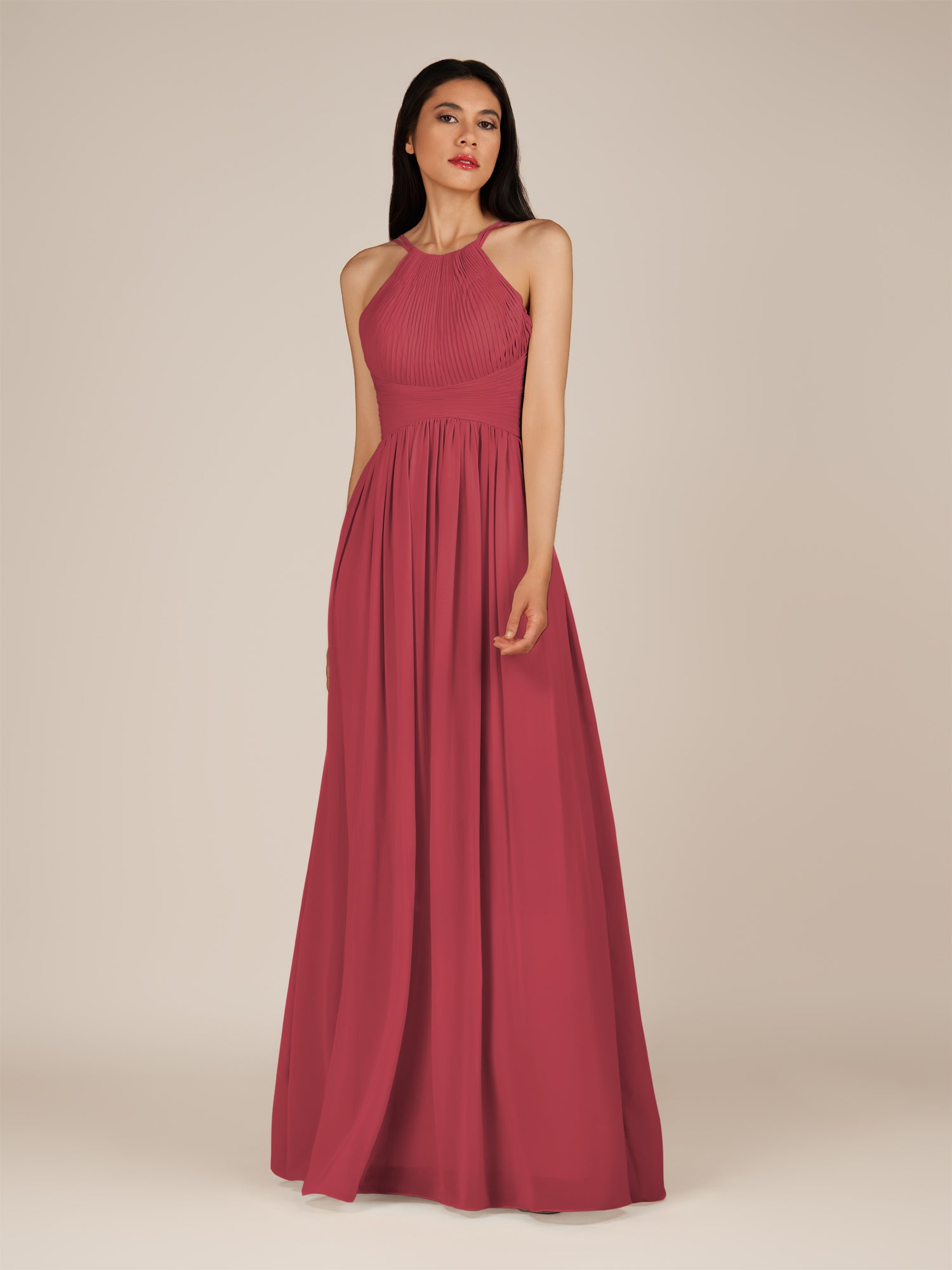 KissDress-Ursa Merlot A Line Chiffon Halter Neck Long Bridesmaid Dress with Pleats