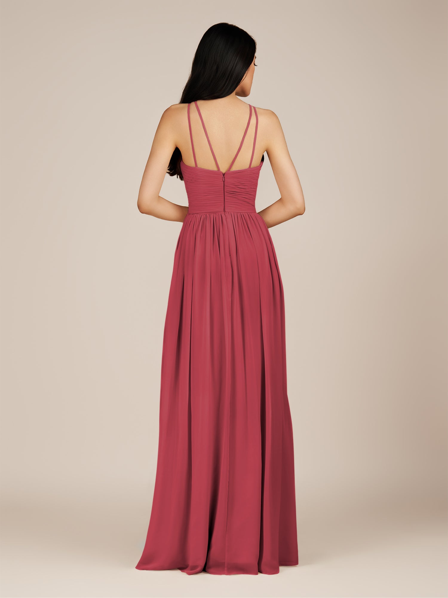 KissDress-Ursa Merlot A Line Chiffon Halter Neck Long Bridesmaid Dress with Pleats