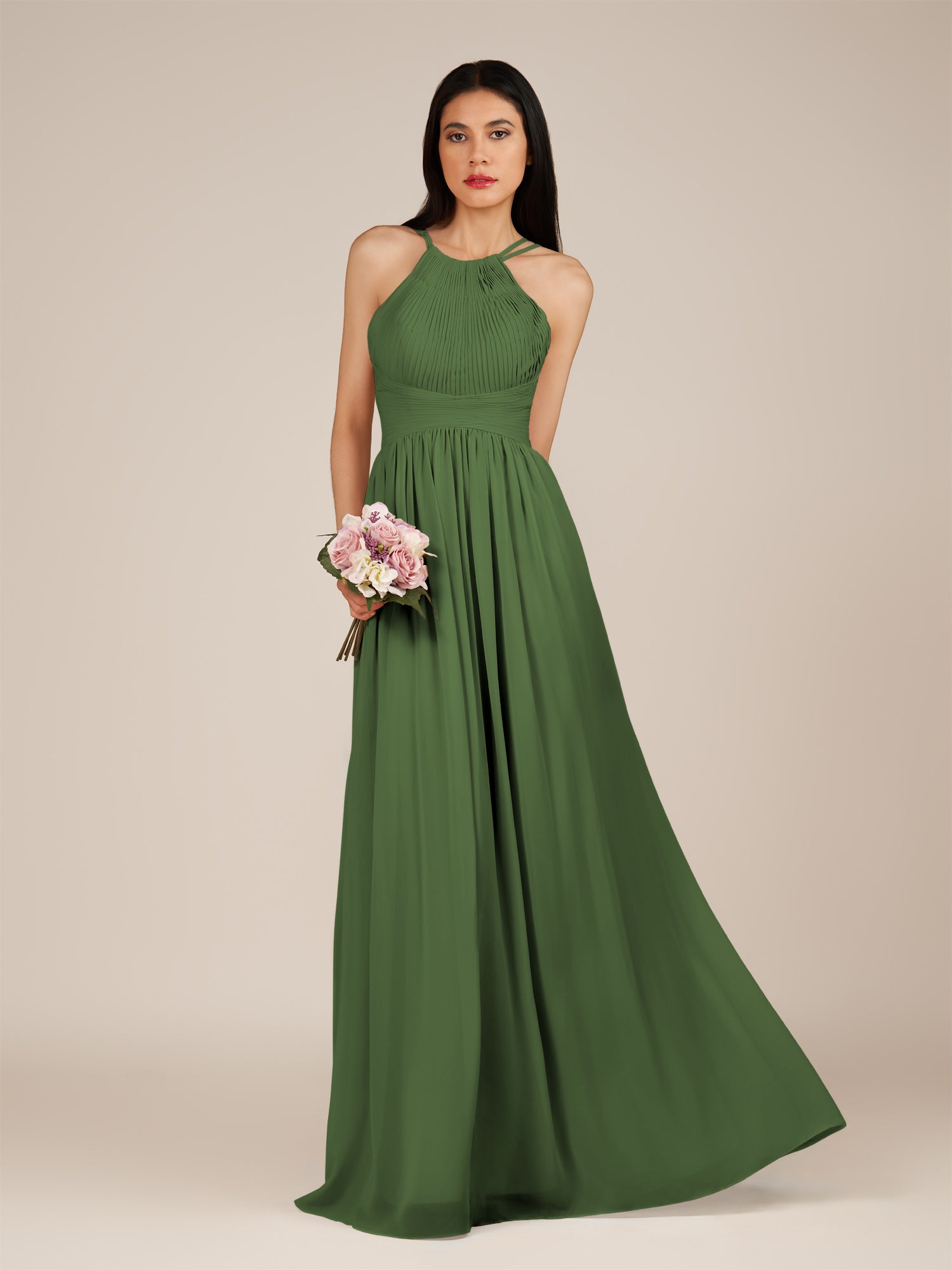 KissDress-Ursa Moss A Line Chiffon Halter Neck Long Bridesmaid Dress with Pleats