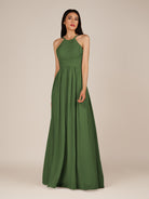 KissDress-Ursa Moss A Line Chiffon Halter Neck Long Bridesmaid Dress with Pleats
