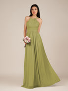 KissDress-Ursa Moss Green A Line Chiffon Halter Neck Long Bridesmaid Dress with Pleats