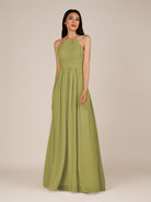 KissDress-Ursa Moss Green A Line Chiffon Halter Neck Long Bridesmaid Dress with Pleats
