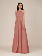 KissDress-Ursa Mulberry A Line Chiffon Halter Neck Long Bridesmaid Dress with Pleats