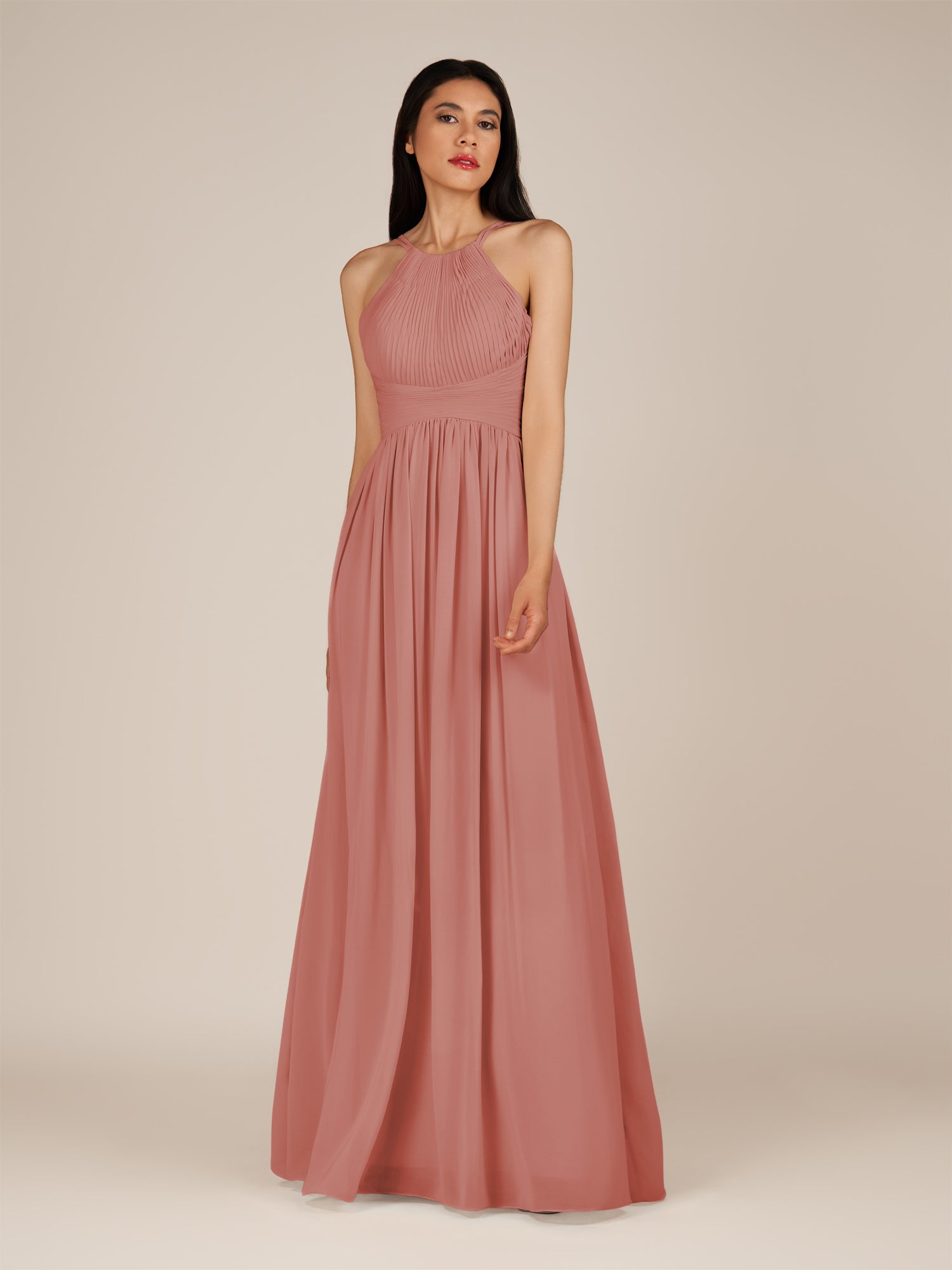 KissDress-Ursa Mulberry A Line Chiffon Halter Neck Long Bridesmaid Dress with Pleats