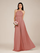 KissDress-Ursa Mulberry A Line Chiffon Halter Neck Long Bridesmaid Dress with Pleats