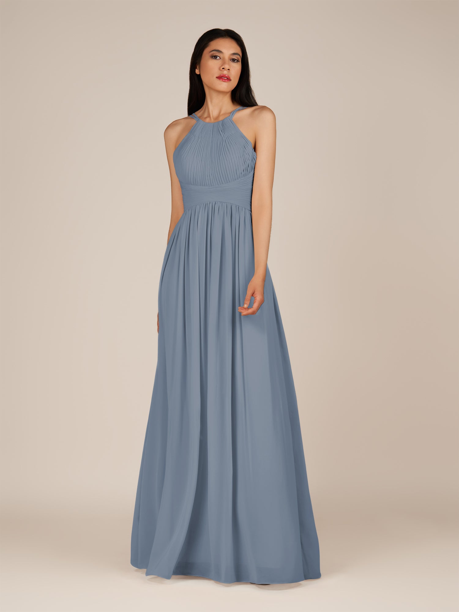 KissDress-Ursa Neptune A Line Chiffon Halter Neck Long Bridesmaid Dress with Pleats