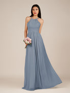 KissDress-Ursa Neptune A Line Chiffon Halter Neck Long Bridesmaid Dress with Pleats