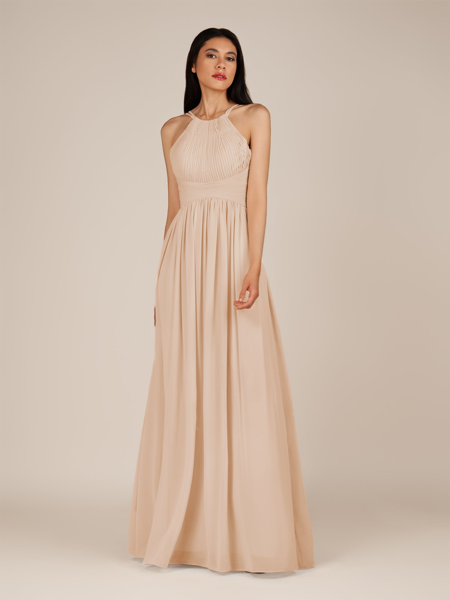 KissDress-Ursa Pale Blush A Line Chiffon Halter Neck Long Bridesmaid Dress with Pleats