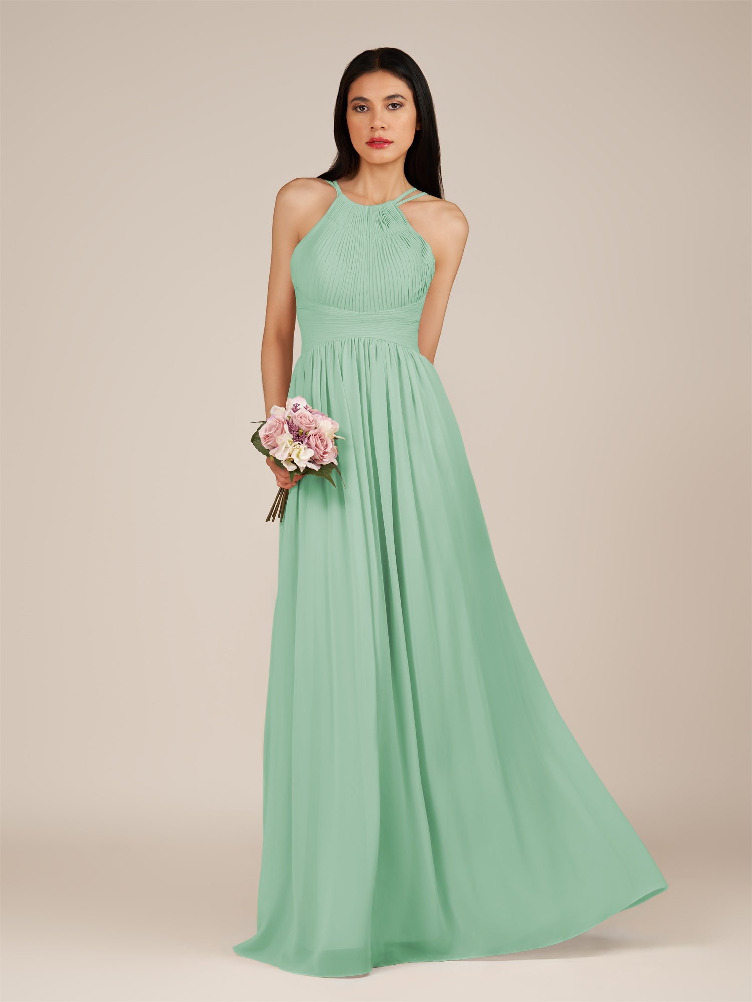 KissDress-Ursa Pale Pistachio A Line Chiffon Halter Neck Long Bridesmaid Dress with Pleats