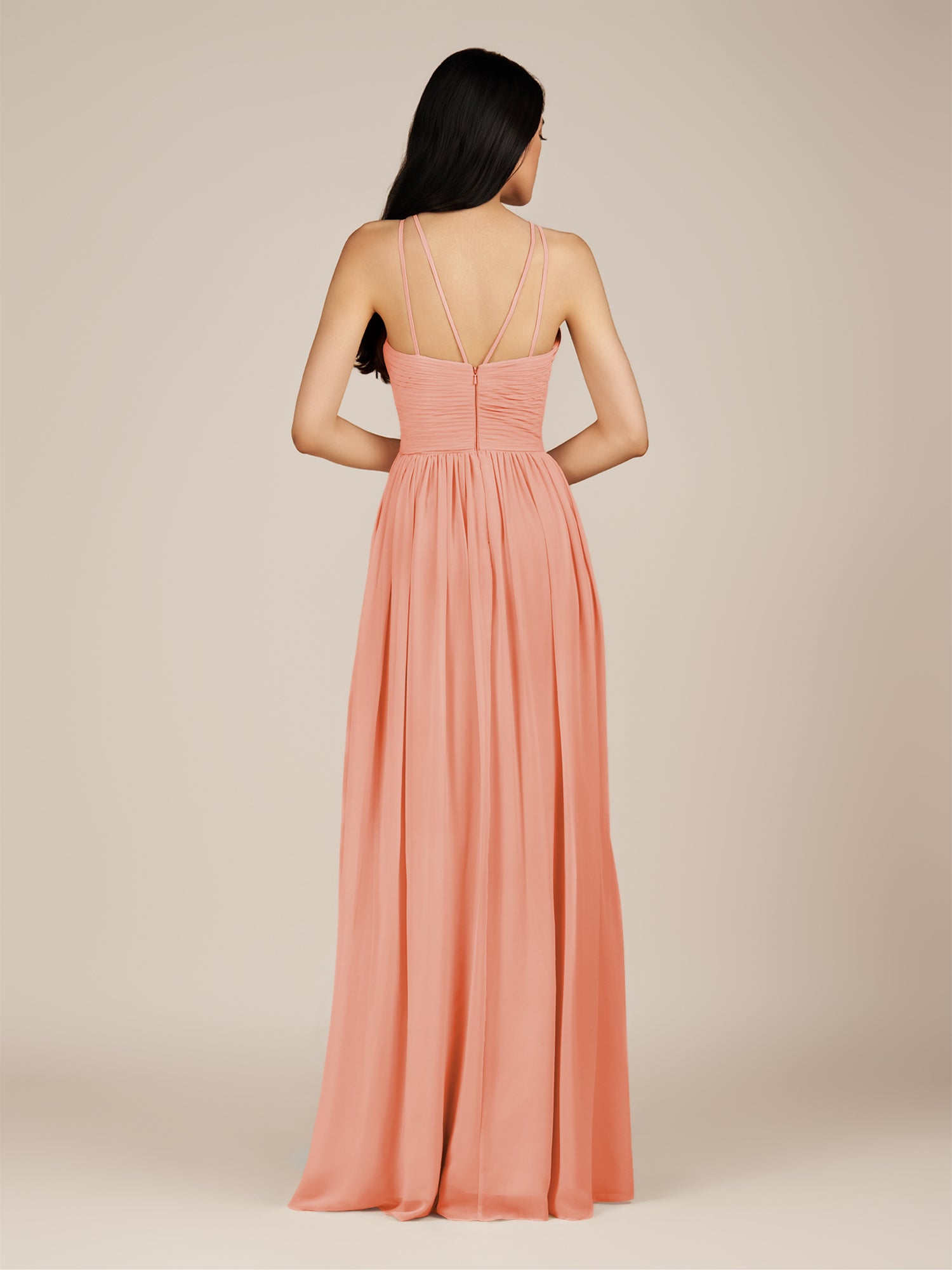 KissDress-Ursa Rosette A Line Chiffon Halter Neck Long Bridesmaid Dress with Pleats
