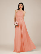 KissDress-Ursa Rosette A Line Chiffon Halter Neck Long Bridesmaid Dress with Pleats