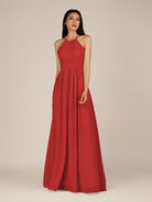 KissDress-Ursa Ruby Red A Line Chiffon Halter Neck Long Bridesmaid Dress with Pleats