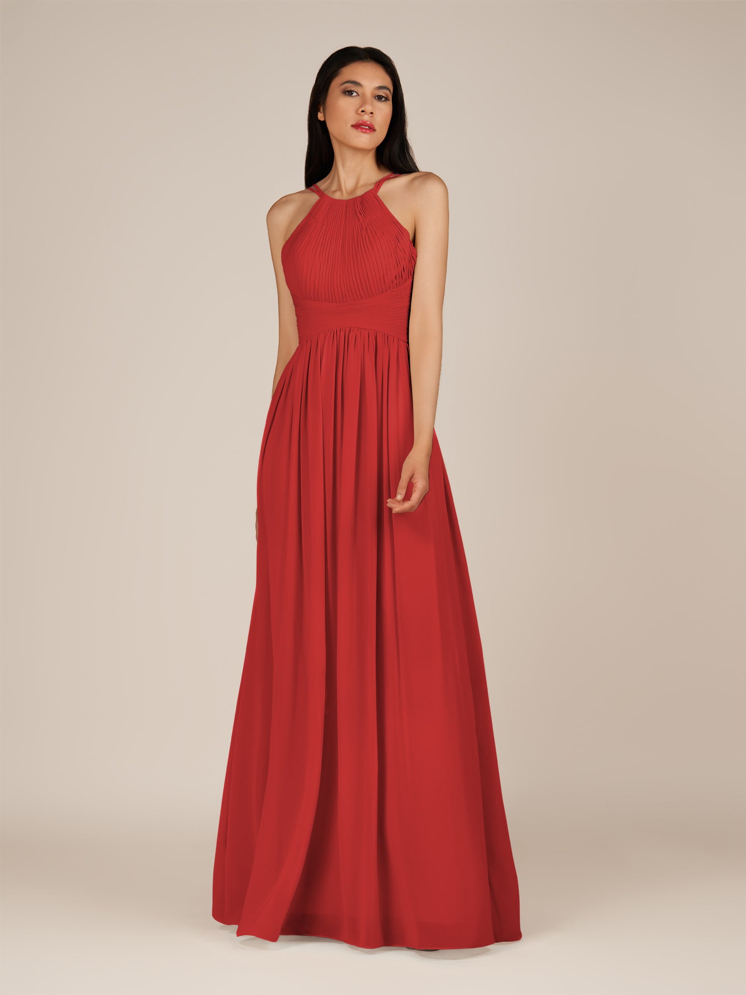 KissDress-Ursa Ruby Red A Line Chiffon Halter Neck Long Bridesmaid Dress with Pleats