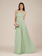 KissDress-Ursa Sage A Line Chiffon Halter Neck Long Bridesmaid Dress with Pleats