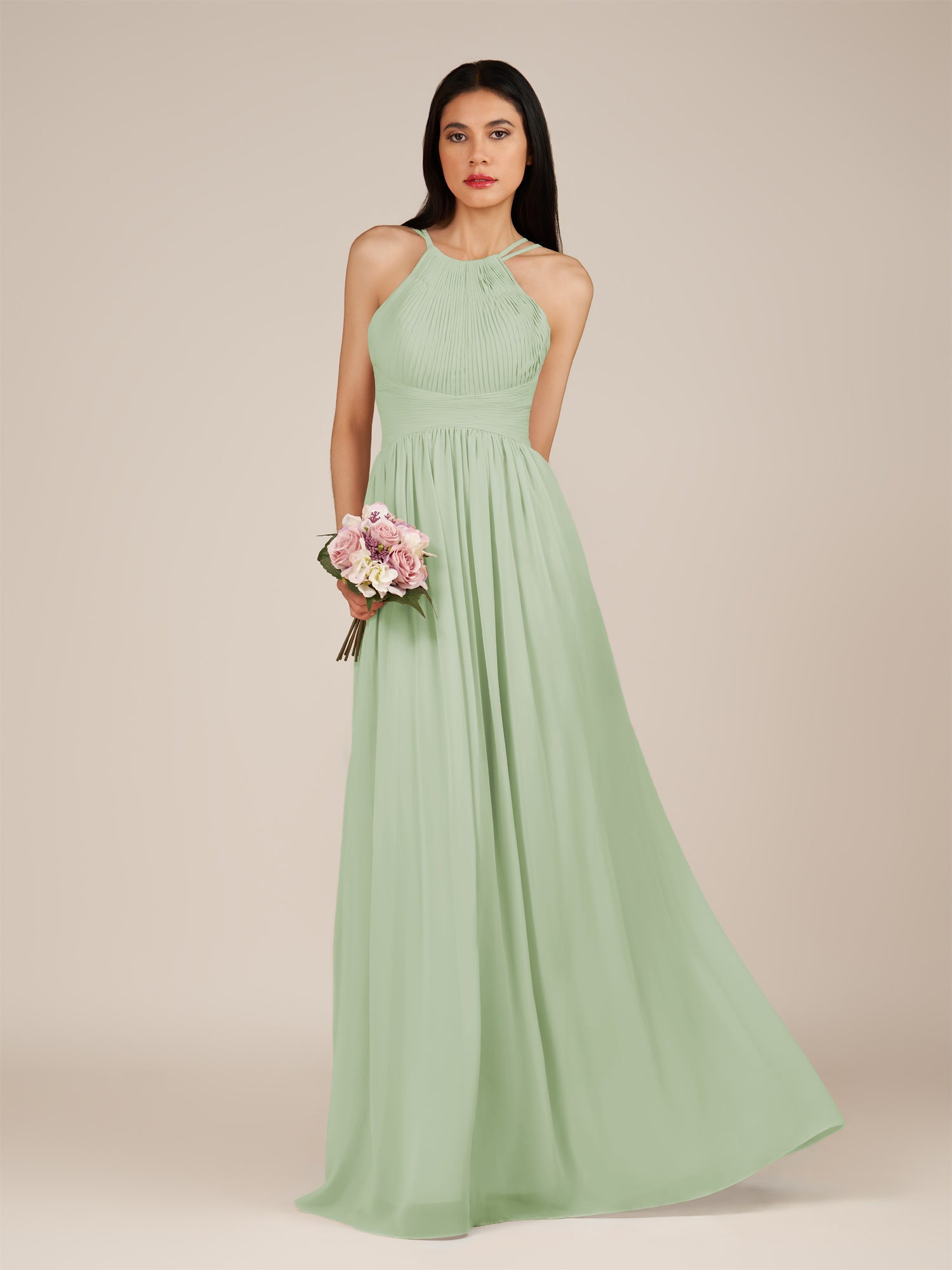 KissDress-Ursa Sage A Line Chiffon Halter Neck Long Bridesmaid Dress with Pleats