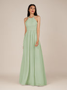 KissDress-Ursa Sage A Line Chiffon Halter Neck Long Bridesmaid Dress with Pleats