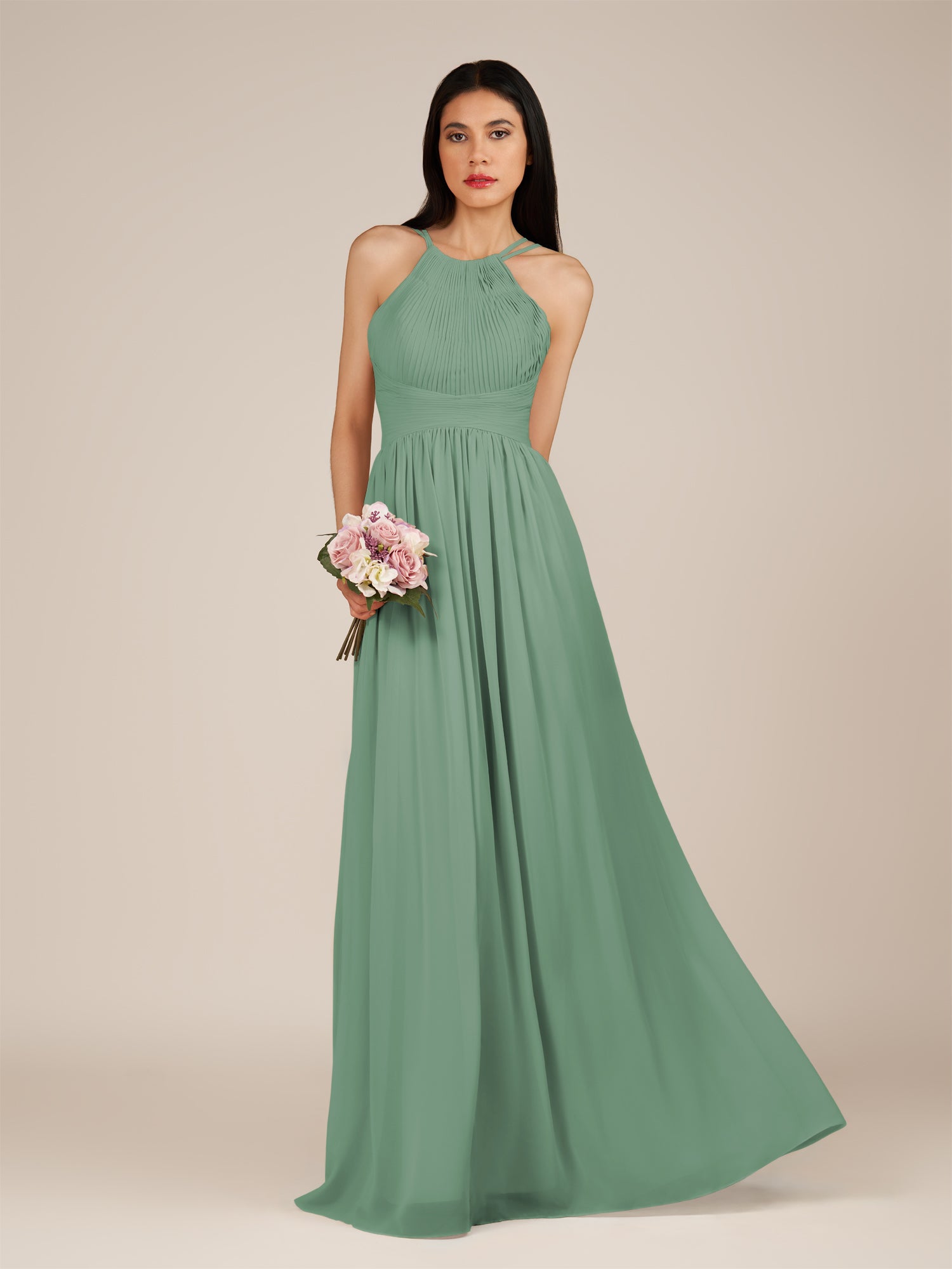 KissDress-Ursa Sea Glass A Line Chiffon Halter Neck Long Bridesmaid Dress with Pleats