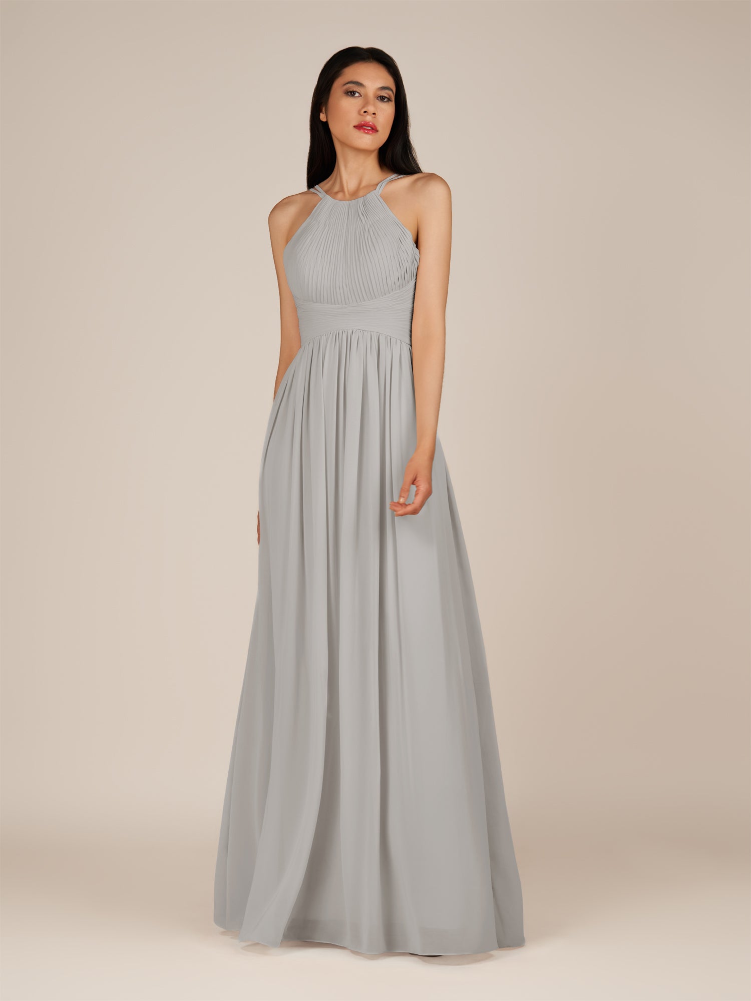 KissDress-Ursa Silver A Line Chiffon Halter Neck Long Bridesmaid Dress with Pleats