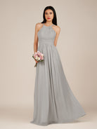KissDress-Ursa Silver A Line Chiffon Halter Neck Long Bridesmaid Dress with Pleats