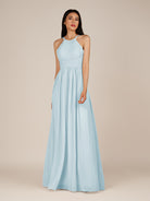 KissDress-Ursa Sky Blue A Line Chiffon Halter Neck Long Bridesmaid Dress with Pleats