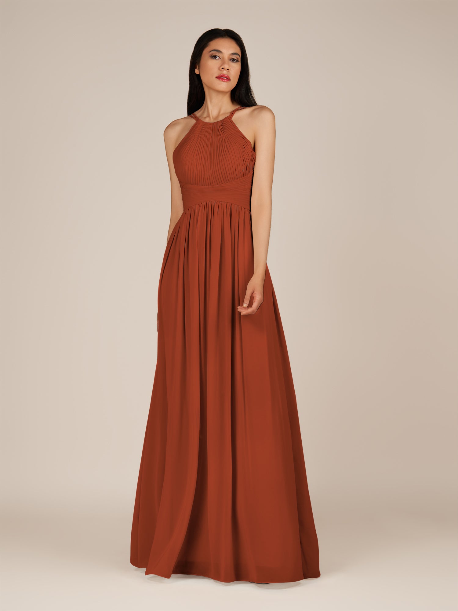 KissDress-Ursa Spice A Line Chiffon Halter Neck Long Bridesmaid Dress with Pleats