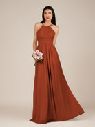 KissDress-Ursa Spice A Line Chiffon Halter Neck Long Bridesmaid Dress with Pleats