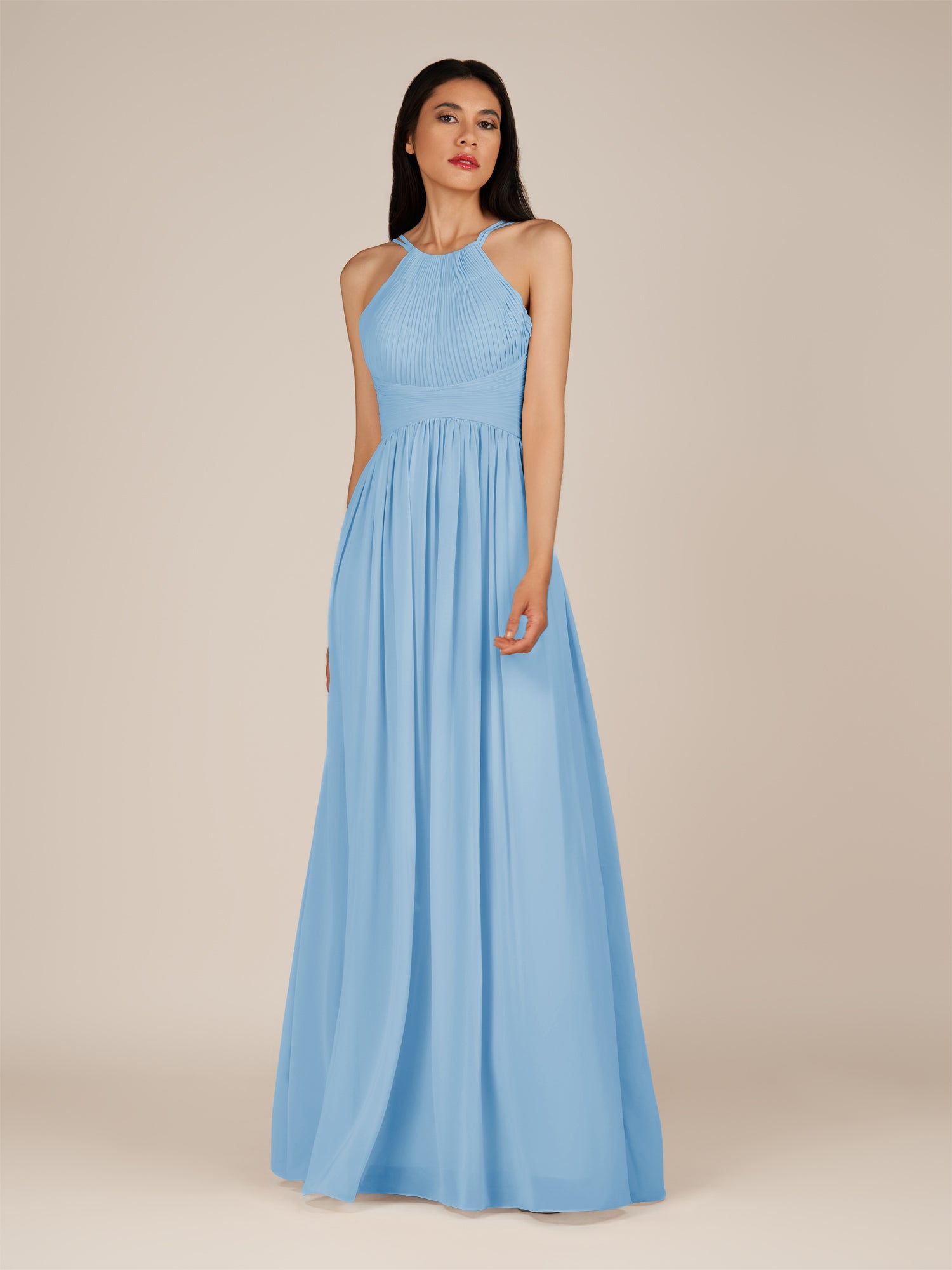 KissDress-Ursa Steel Blue A Line Chiffon Halter Neck Long Bridesmaid Dress with Pleats