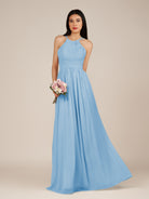 KissDress-Ursa Steel Blue A Line Chiffon Halter Neck Long Bridesmaid Dress with Pleats