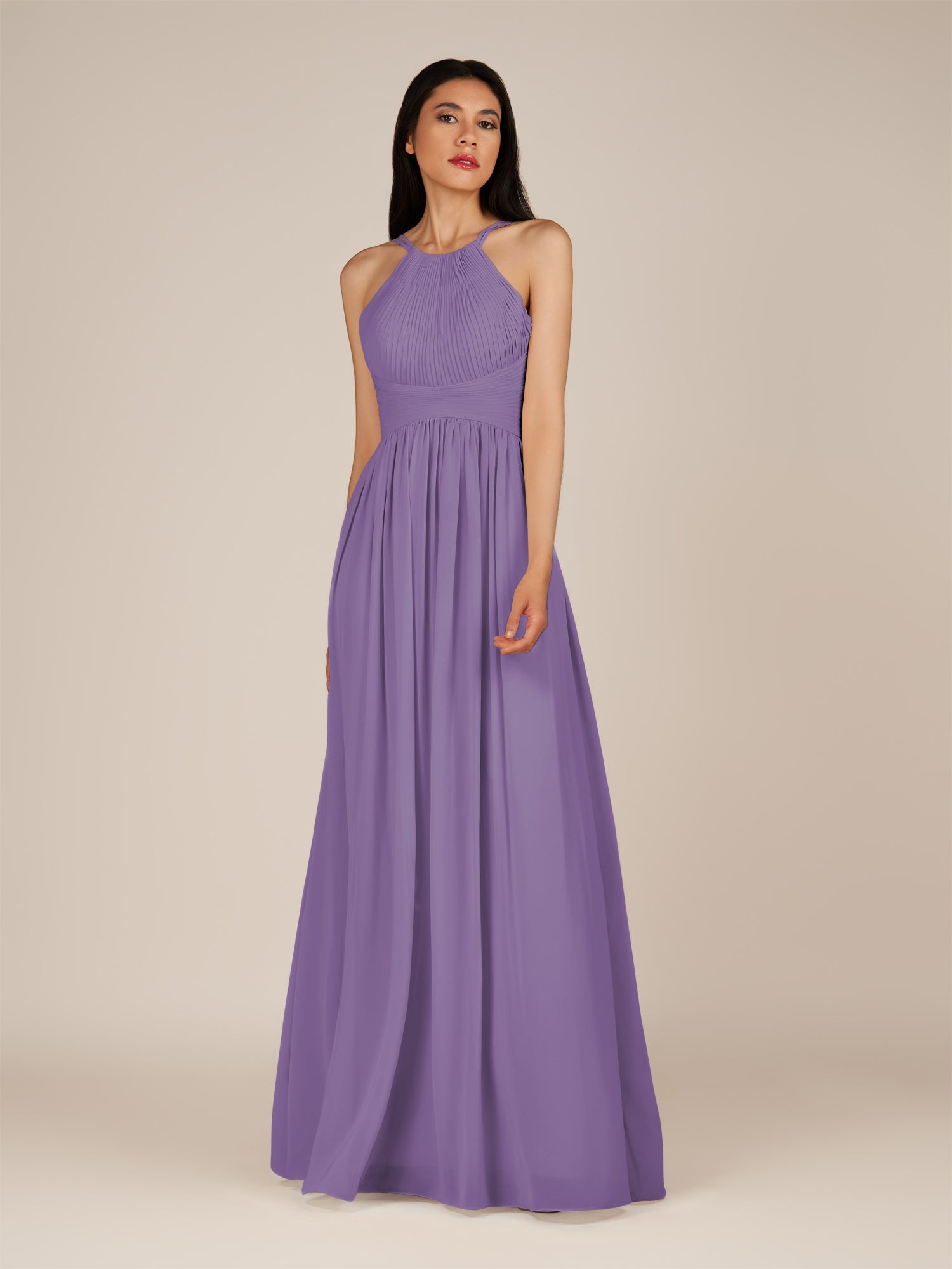 KissDress-Ursa Tahiti A Line Chiffon Halter Neck Long Bridesmaid Dress with Pleats