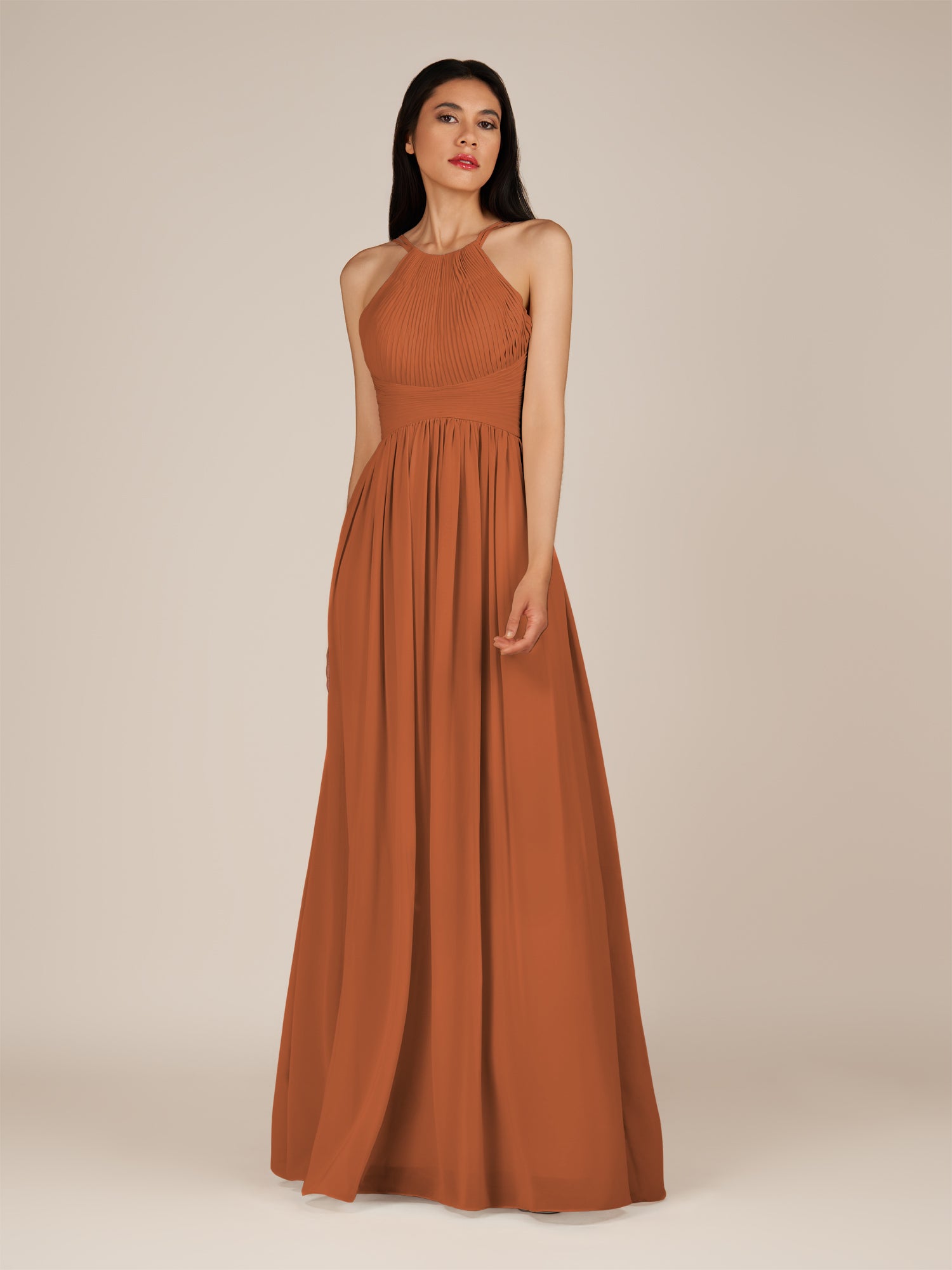 KissDress-Ursa Terracotta A Line Chiffon Halter Neck Long Bridesmaid Dress with Pleats