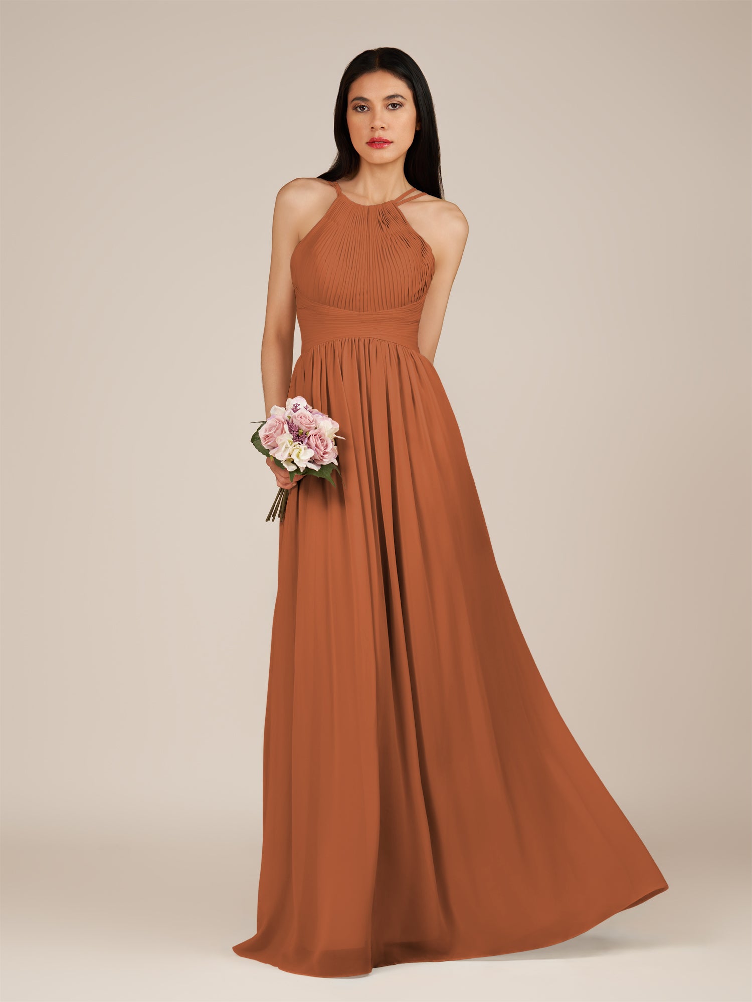 KissDress-Ursa Terracotta A Line Chiffon Halter Neck Long Bridesmaid Dress with Pleats