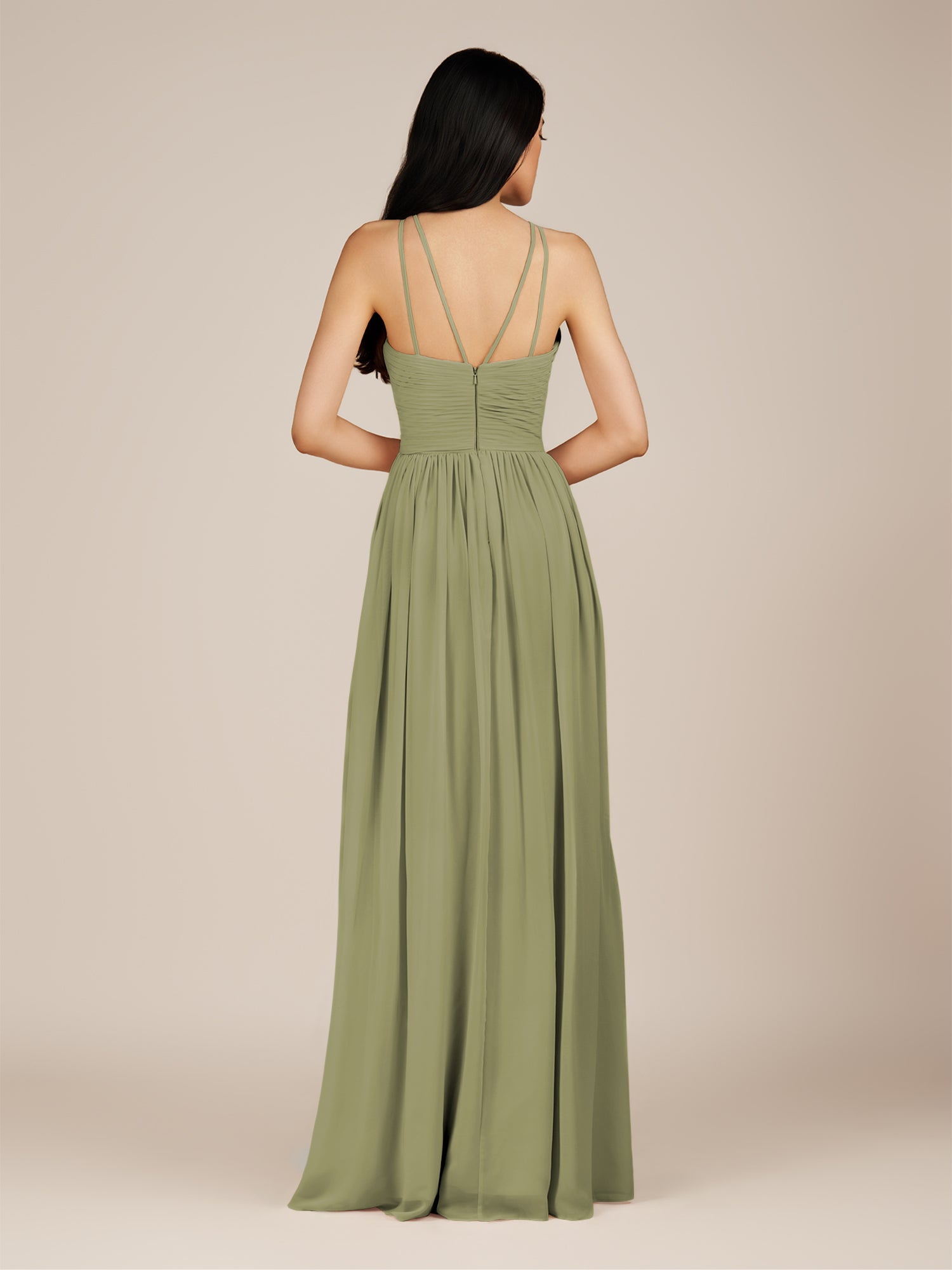 KissDress-Ursa Thyme A Line Chiffon Halter Neck Long Bridesmaid Dress with Pleats