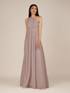 KissDress-Ursa Toffee A Line Chiffon Halter Neck Long Bridesmaid Dress with Pleats