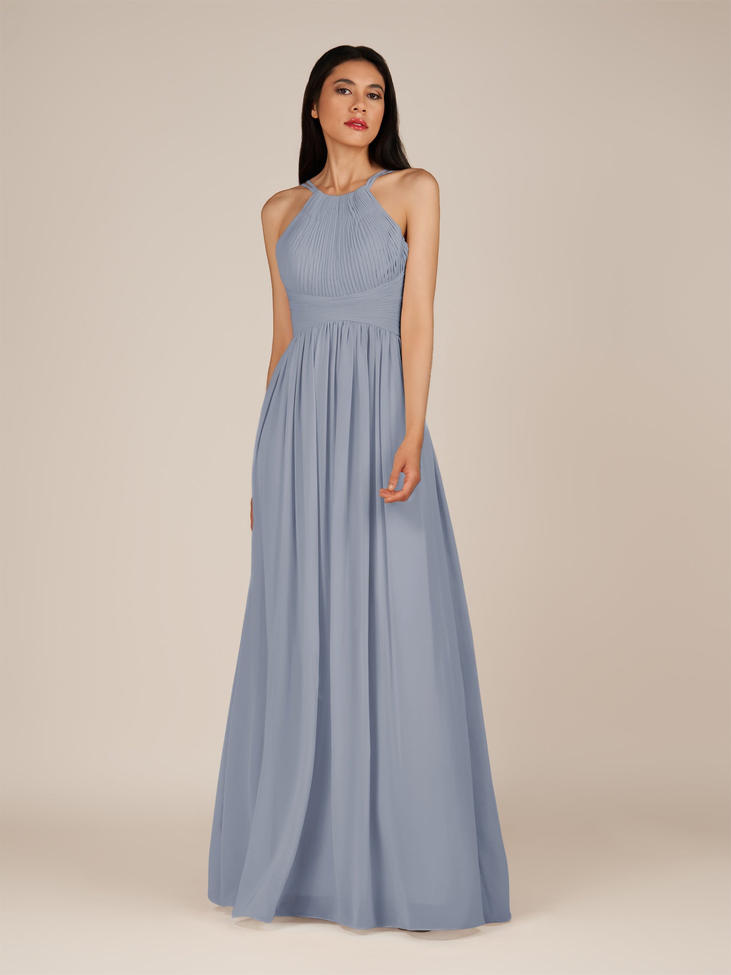 KissDress-Ursa Twilight A Line Chiffon Halter Neck Long Bridesmaid Dress with Pleats