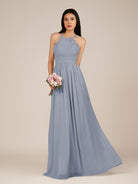 KissDress-Ursa Twilight A Line Chiffon Halter Neck Long Bridesmaid Dress with Pleats